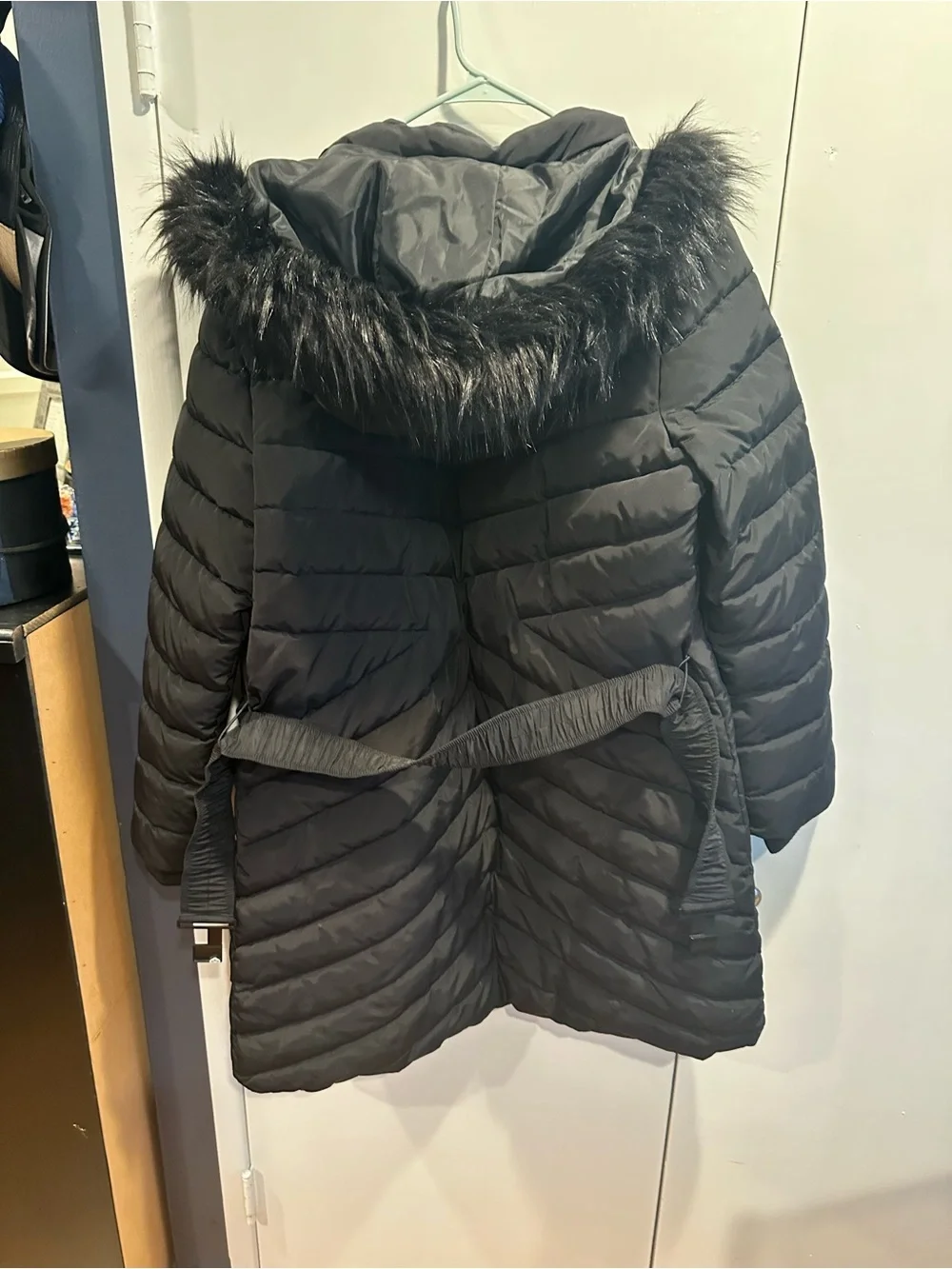 Express Black Quilted Hooded Puffer Coat with Faux Fur Trim